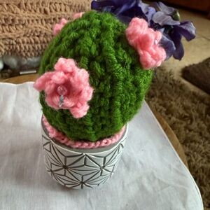 Green Knitted Cactus with Pink Flowers